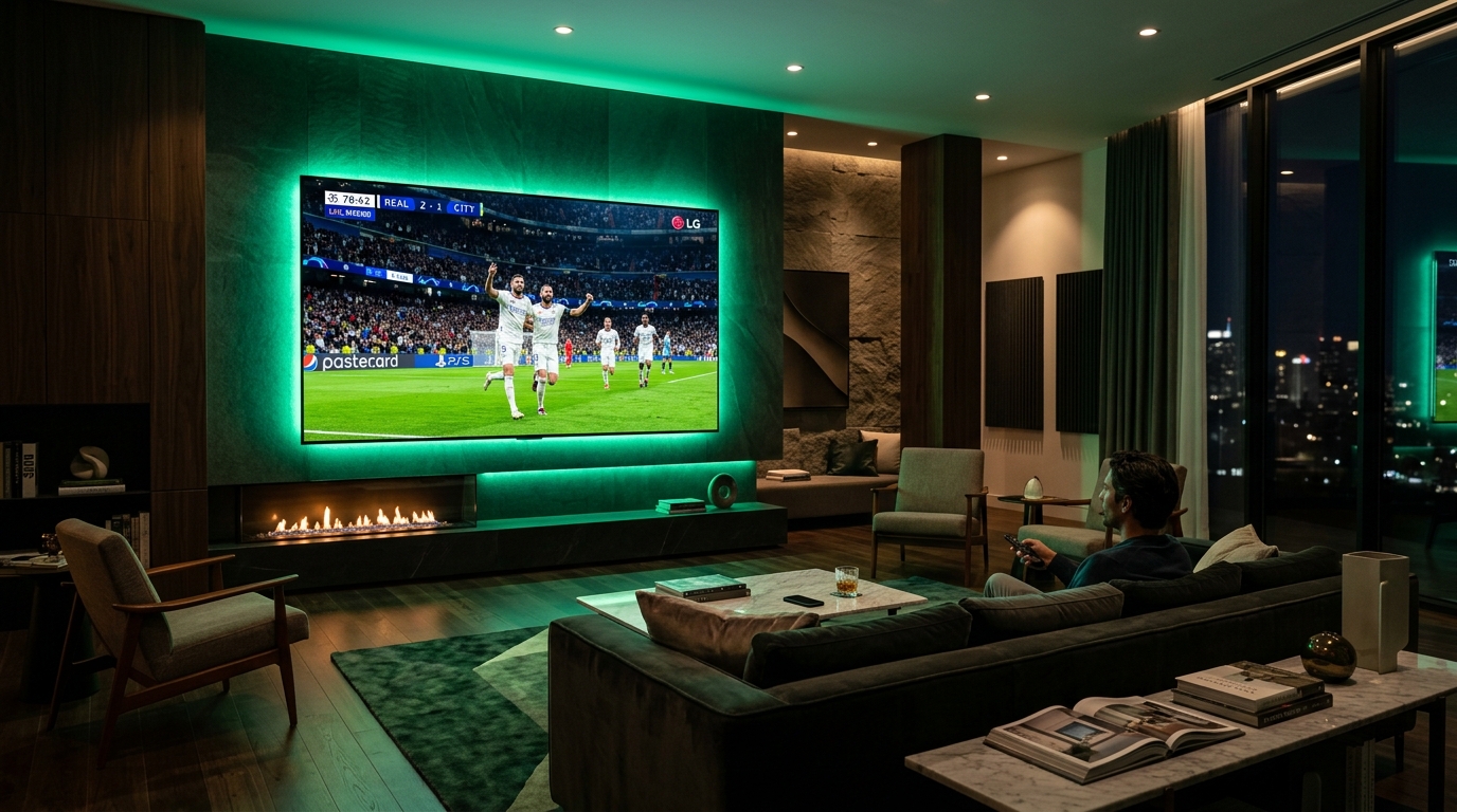 Esperienza streaming IPTV 4K Ultra HD su Smart TV in salotto moderno durante una partita di calcio di Serie A