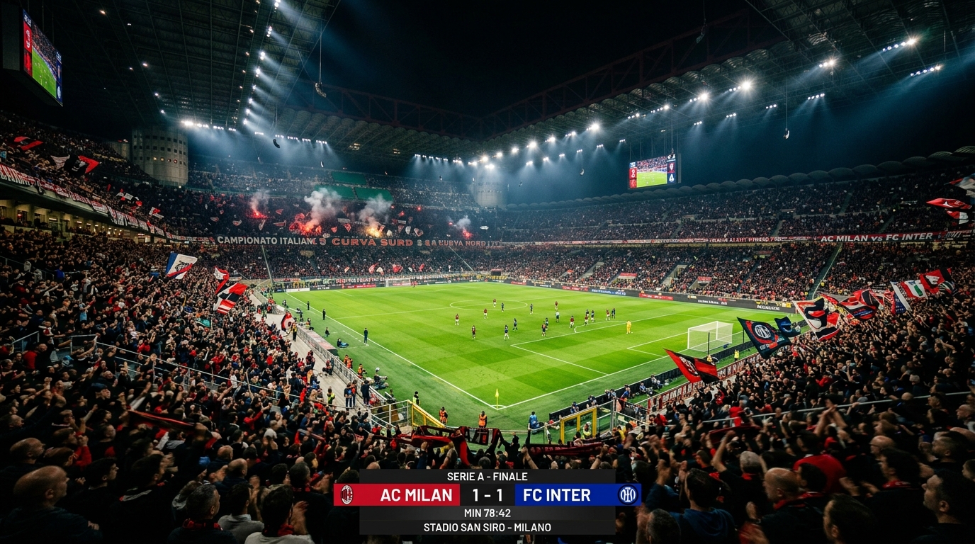 Spettacolare panoramica notturna dello Stadio San Siro illuminato a giorno durante un big match di Serie A in 4K Ultra HD
